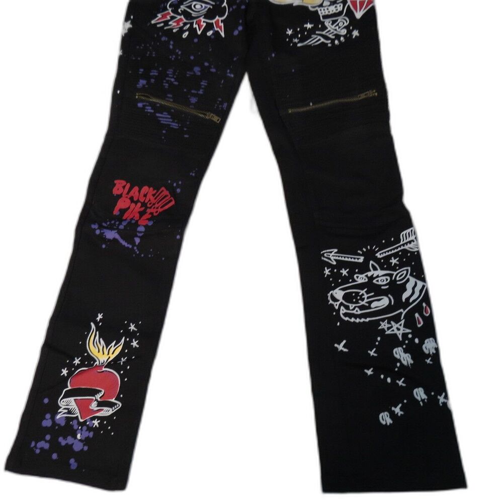 Black Pike Embellished Graffiti Slim Straight Jeans B7F502 30 x 32 Size Large